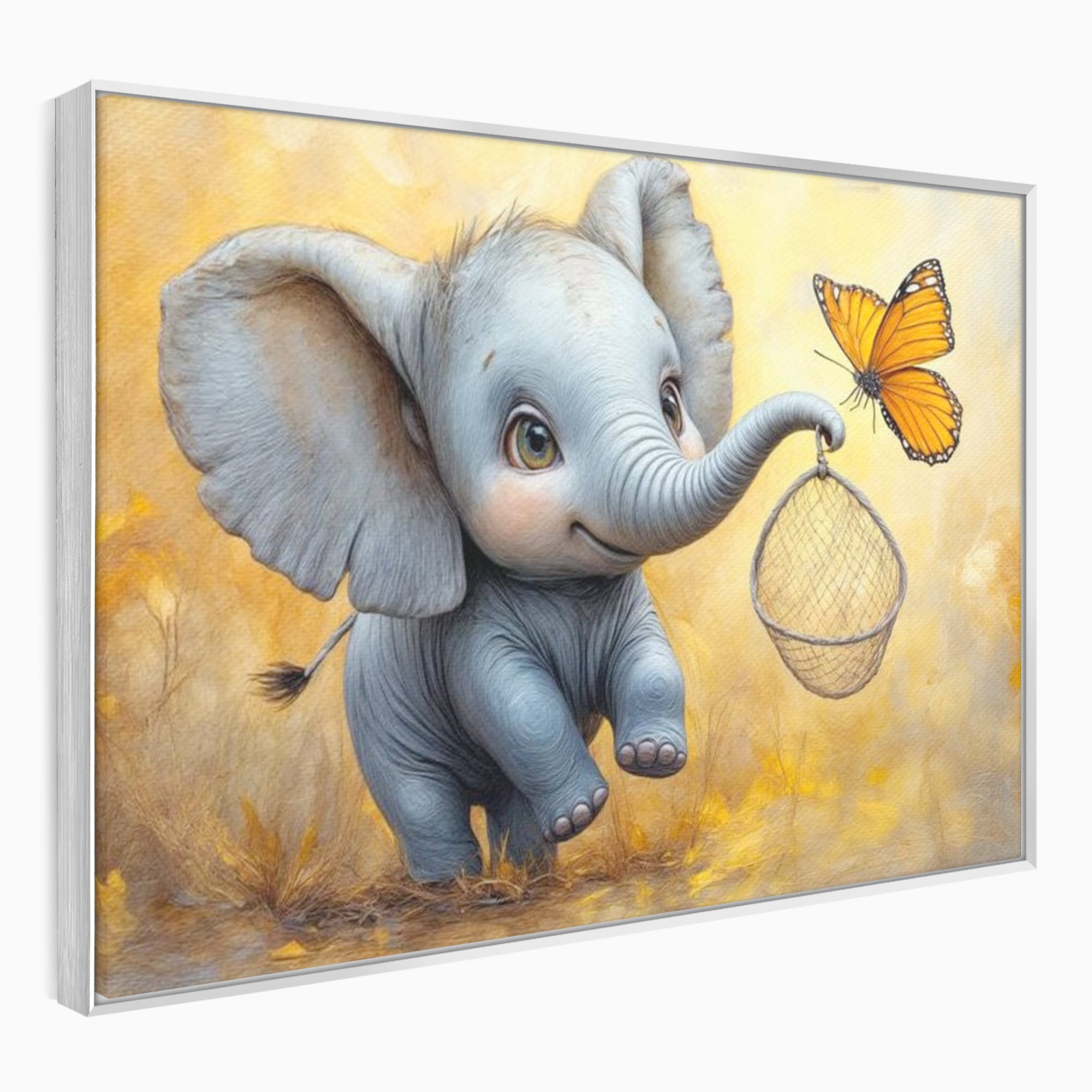 Tablou canvas cu ilustratie cu elefantel si fluture, in rama de aluminiu argintiu